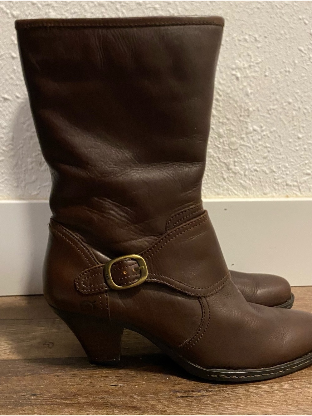Born Brown Leather Mid-Calf Heeled Boot with Brass Buckle